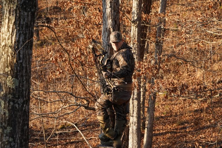 Hunting in autumn forest: person in camouflage with a compound bow among leafless trees.